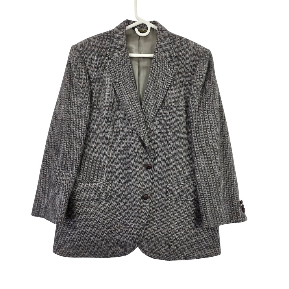 Vintage Gray Herringbone Tweed Mens Large Wool Blazer Sport Coat Union Made USA